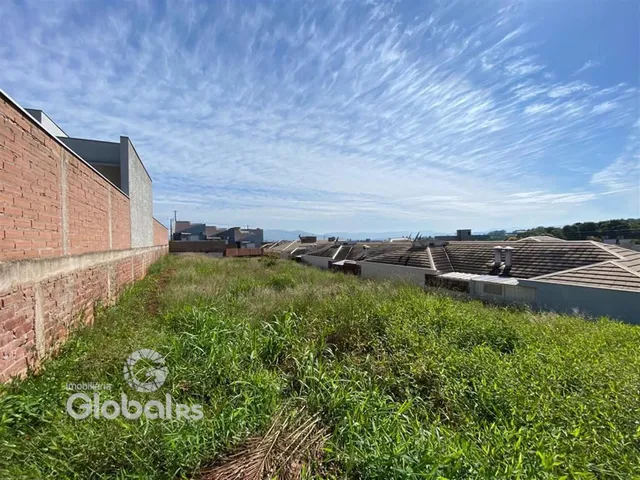 Vista externa de uma propriedade com muro de tijolos e gramado alto.
