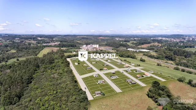Vista aérea de um loteamento com várias casas em uma área rural.