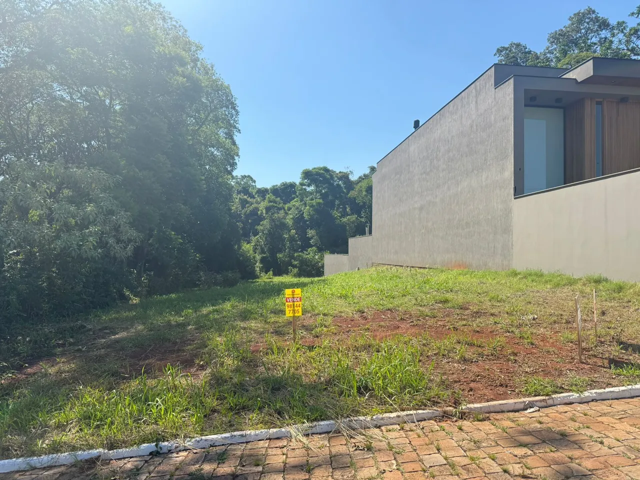 Fachada moderna de uma residência com área gramada e vegetação densa ao fundo.