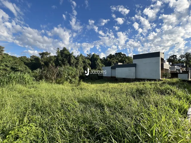 Vista da fachada de uma residência com grama alta em primeiro plano.