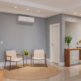 Foto de uma sala de estar com duas cadeiras e um tapete redondo.