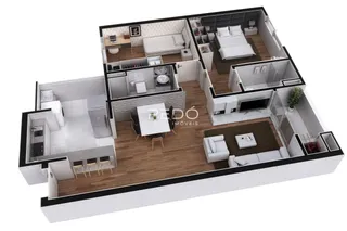 Vista 3D de um apartamento moderno em Lajeado, Brasil.