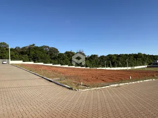 Vista da divisa de uma propriedade com terra avermelhada e vegetação ao fundo.