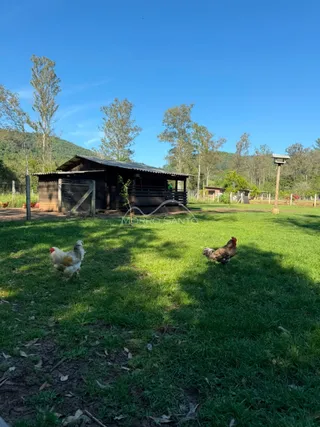 Vista externa de uma construção rústica em um campo gramado.