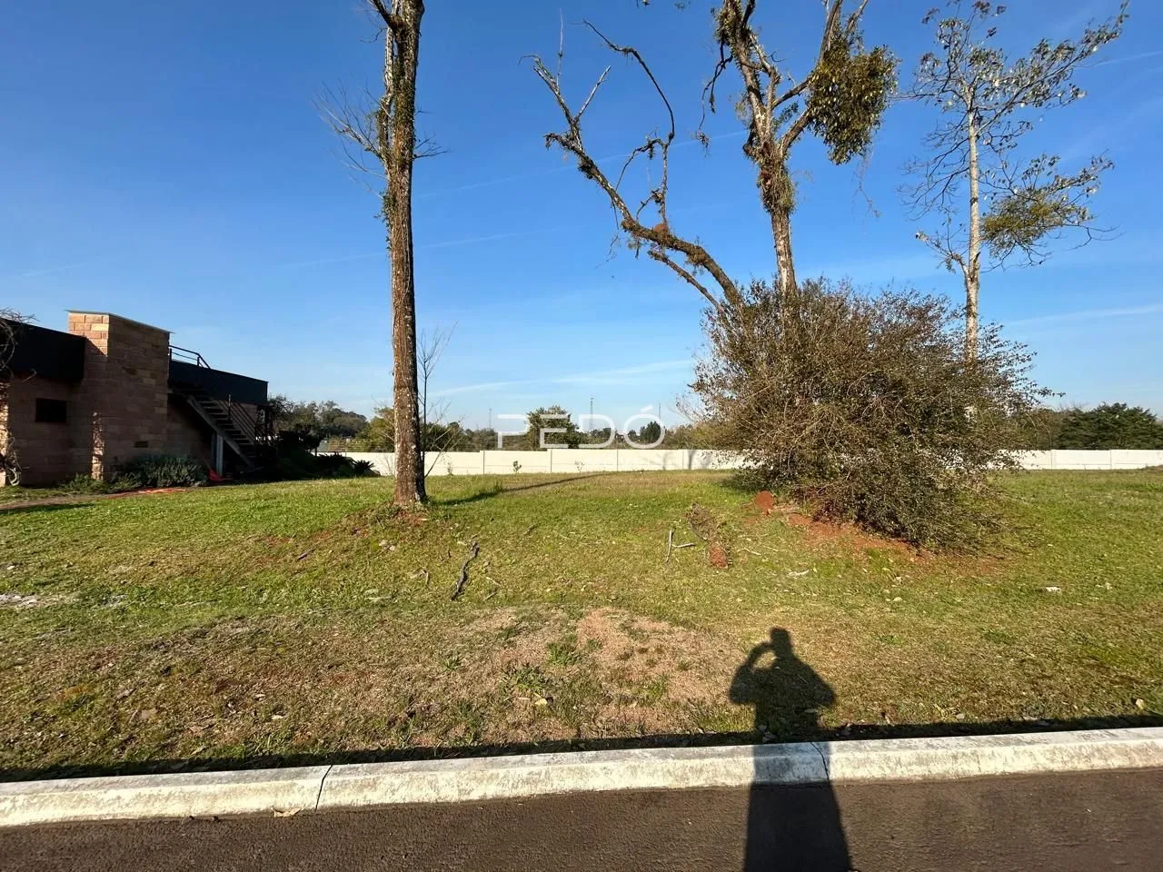 Vista externa de uma propriedade com gramado e árvores ao fundo.