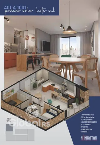 Sala de estar e jantar de um imóvel em Lajeado, Brasil, com planta baixa sobreposta.