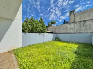 Vista externa de um quintal gramado com muro branco e vegetação densa.