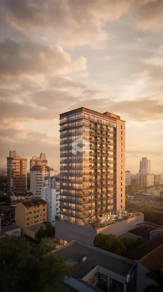 Fachada de um edifício residencial em Lajeado, Brasil, ao pôr do sol.