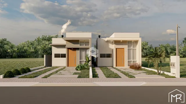 Fachada de uma residência moderna com jardim em Lajeado, Brasil.