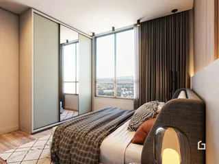 Quarto com grande janela e vista na Lajeado.