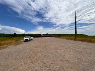 Vista externa de uma rua pavimentada com vegetação seca ao fundo em Lajeado, Brasil.