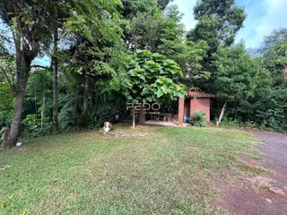 Vista externa de um terreno com gramado e vegetação densa em Lajeado.