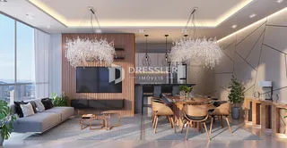 Sala de estar e jantar moderna com grandes janelas e iluminação de design.