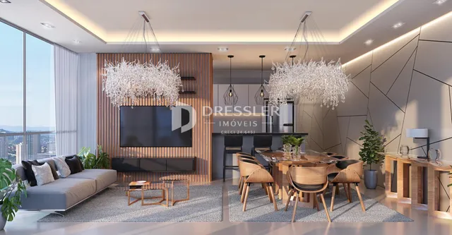 Sala de estar e jantar moderna com grandes janelas e iluminação de design.