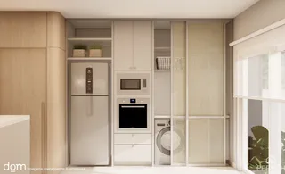 Cozinha moderna com armários claros e eletrodomésticos embutidos em um ambiente bem iluminado.