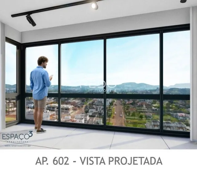 Vista projetada de um ambiente interno com grandes janelas.