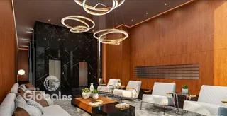 Sala de estar moderna com painéis de madeira e iluminação suspensa.