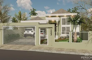 Fachada externa de uma residência em Lajeado, Brasil, mostrando a garagem e o jardim.