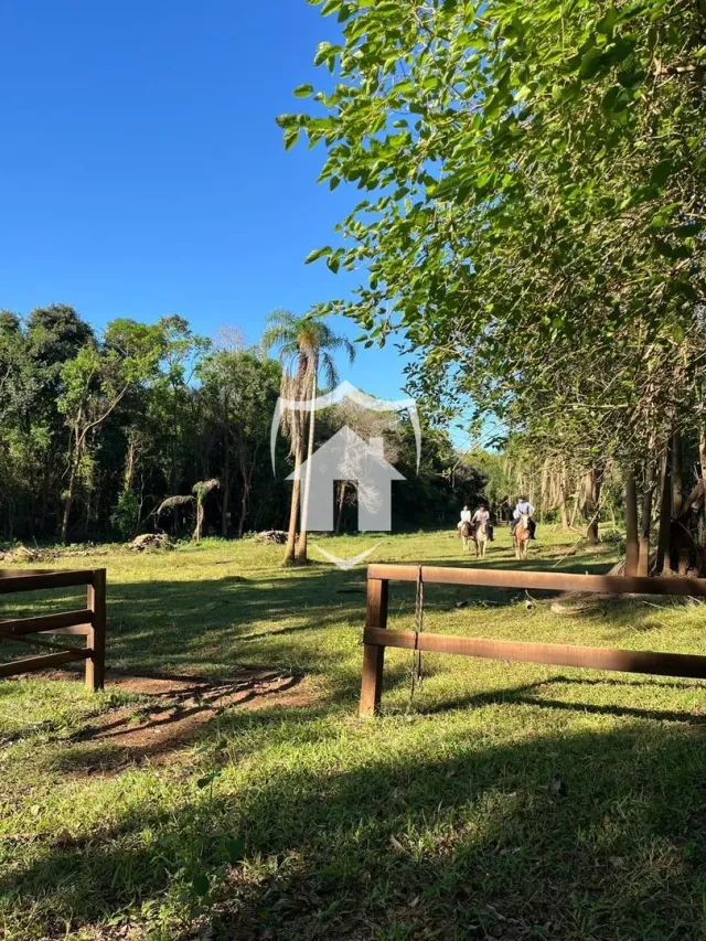 Vista de um campo gramado com uma casa ao fundo.