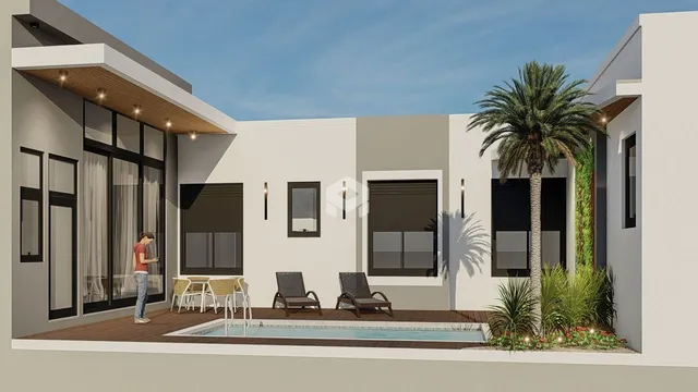 Fachada de uma residência moderna com área externa e piscina.
