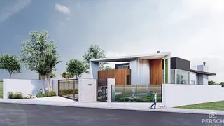Fachada moderna de uma residência em Lajeado, Brasil, com paisagismo frontal.