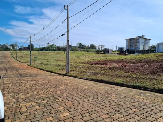 Vista de uma área aberta com estrada de paralelepípedos e campo no fundo.