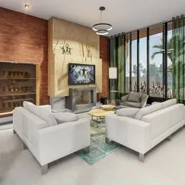 Sala de estar com sofás brancos e lareira em um ambiente interno.