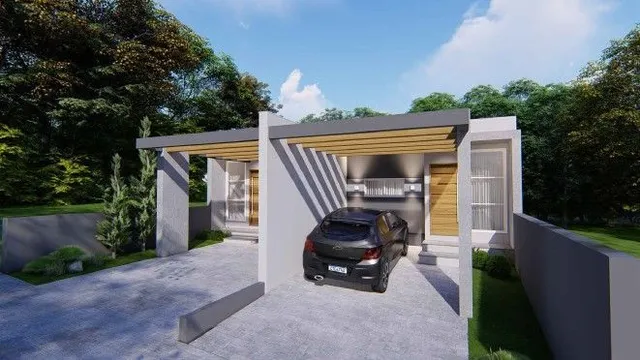 Foto da fachada de uma casa moderna com área externa em Lajeado, Brasil.