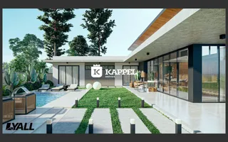 Fachada de uma casa moderna com piscina e jardim em Lajeado.