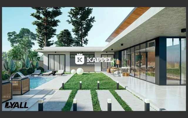 Fachada de uma casa moderna com piscina e jardim em Lajeado.