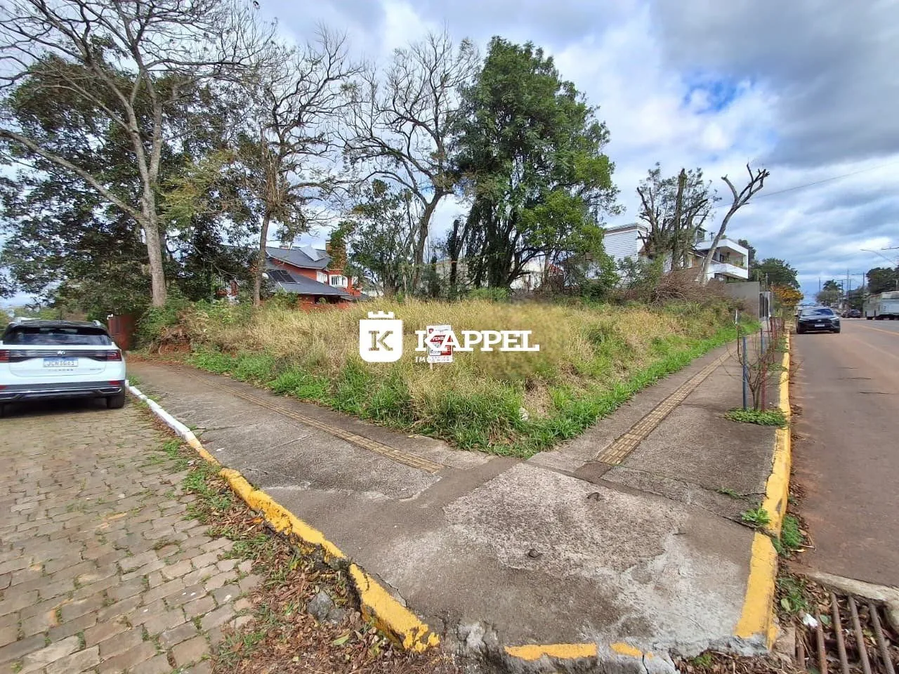 Vista externa da propriedade mostrando a divisa com a rua e vegetação.