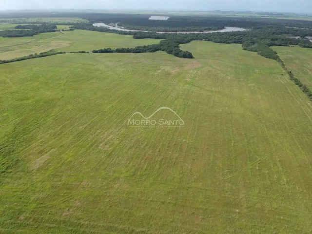 Vista aérea de uma grande área de campo gramado com um rio ao fundo.