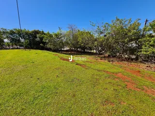 Vista externa de um terreno com gramado verde e vegetação.
