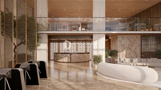 Sala de estar moderna com piso de mármore claro e detalhes em madeira.