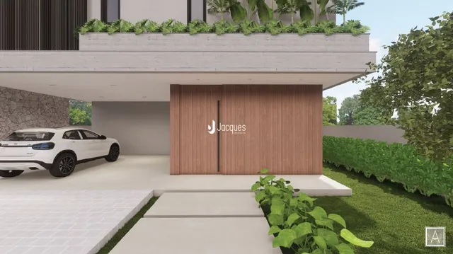 Fachada moderna de uma residência com varanda e jardim.