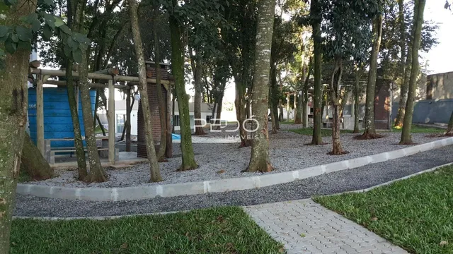 Vista externa de um jardim com árvores e área de lazer em Lajeado.