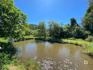 Vista de um rio cercado por vegetação densa na propriedade.