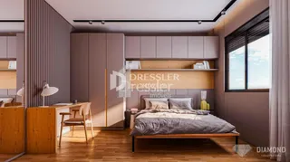 Quarto com armários embutidos e piso de madeira.