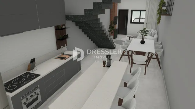 Ambiente de sala de jantar e cozinha em um imóvel no Brasil.