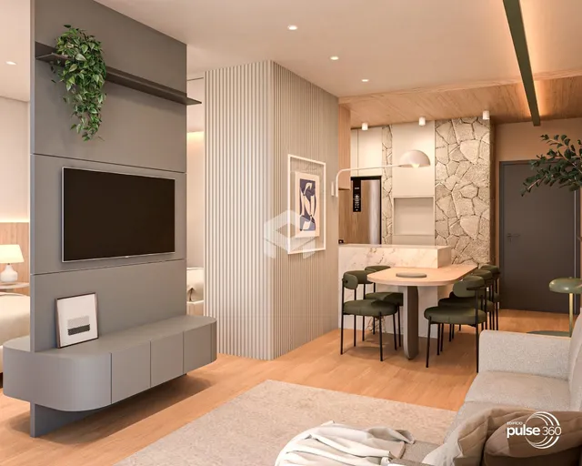 Sala de estar moderna com piso de madeira e decoração contemporânea.
