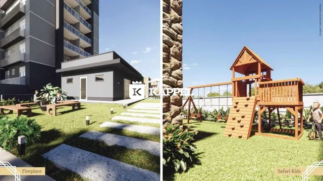 Fachada de uma casa moderna com jardim e área de lazer.