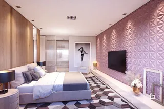 Ambiente interno moderno com parede texturizada e cama.