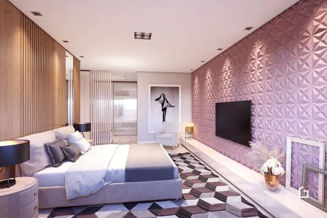 Ambiente interno moderno com parede texturizada e cama.