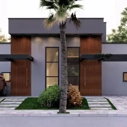 Fachada moderna de uma residência com painéis de madeira em Lajeado, Brasil.