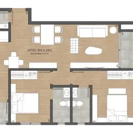 Planta baixa de um apartamento mostrando a disposição dos cômodos.