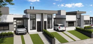 Fachada de uma residência moderna com jardim e garagem em Lajeado, Brasil.