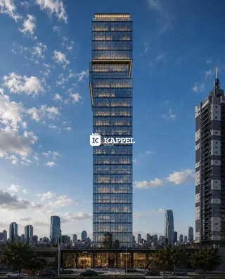 Fachada de um arranha-céu moderno em uma paisagem urbana.