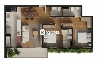 Planta baixa de um apartamento mostrando a disposição dos cômodos internos.