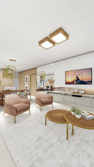 Sala de estar moderna com decoração clara e móveis de madeira.
