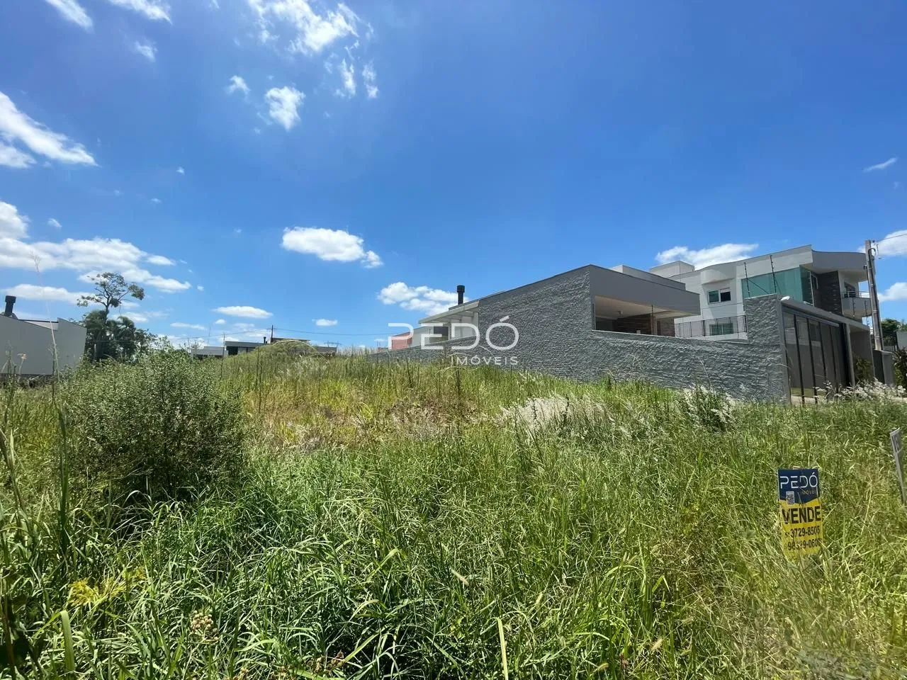 Fachada de uma residência moderna em Lajeado, Brasil, com vegetação alta na frente.